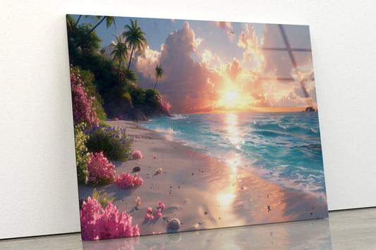 Sunny Beach with Pink Flowers & Tall Palm Trees Acrylic Glass Print Tempered Glass Wall Art 100% Made in Australia Ready to Hang