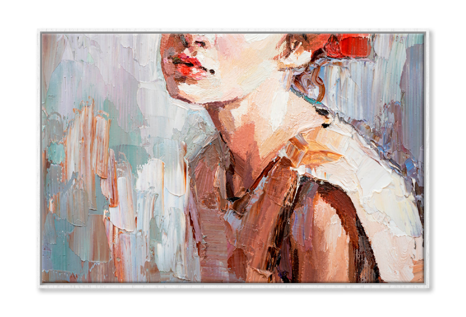 Girl With Red Lips Oil Painting Limited Edition High Quality Print Canvas Box Framed White