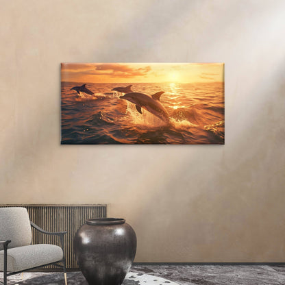 Ocean Dolphins Jumping At Sunset Wall Art Canvas Office Home Framed 120x60cm