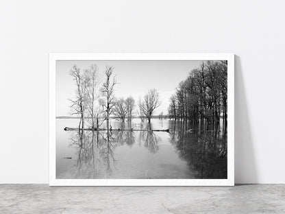 B&W Landscape Flood In Forest Glass Framed Wall Art, Ready to Hang Quality Print Without White Border White