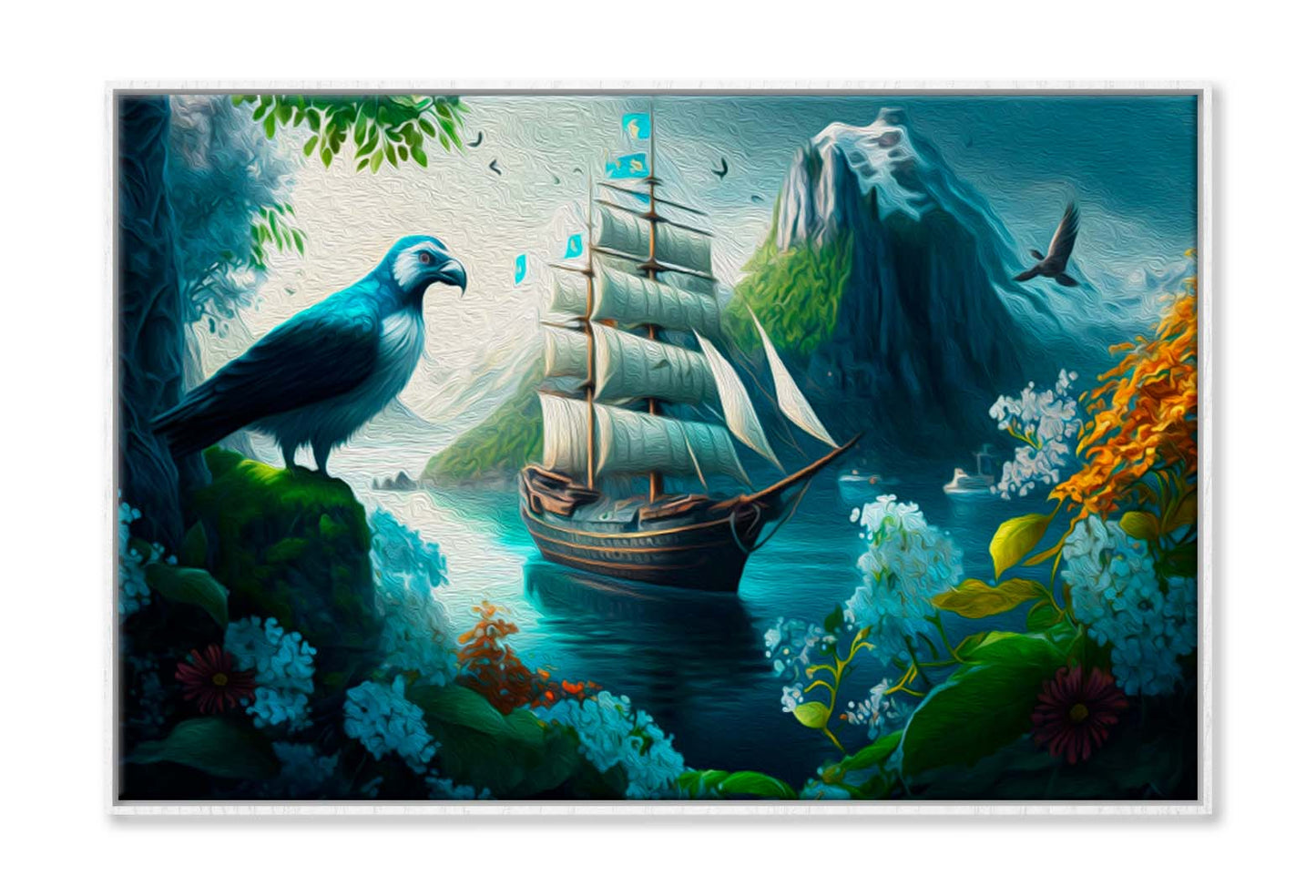 Sailing Boat in Sea and A Bird, Colorful Flowers, Mountain Wall Art Limited Edition High Quality Print