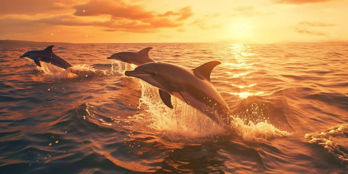 Ocean Dolphins Jumping At Sunset Wall Art Canvas Office Home Framed 120x60cm