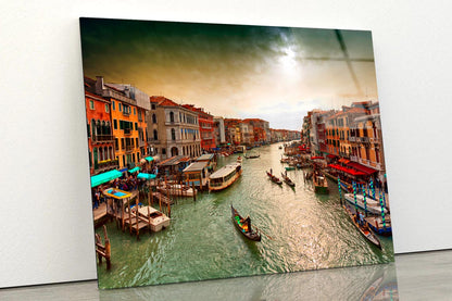 Boats And Gondolas on The Grand Canal of Venice, View from Bridge Rialto Acrylic Glass Print Tempered Glass Wall Art 100% Made in Australia Ready to Hang