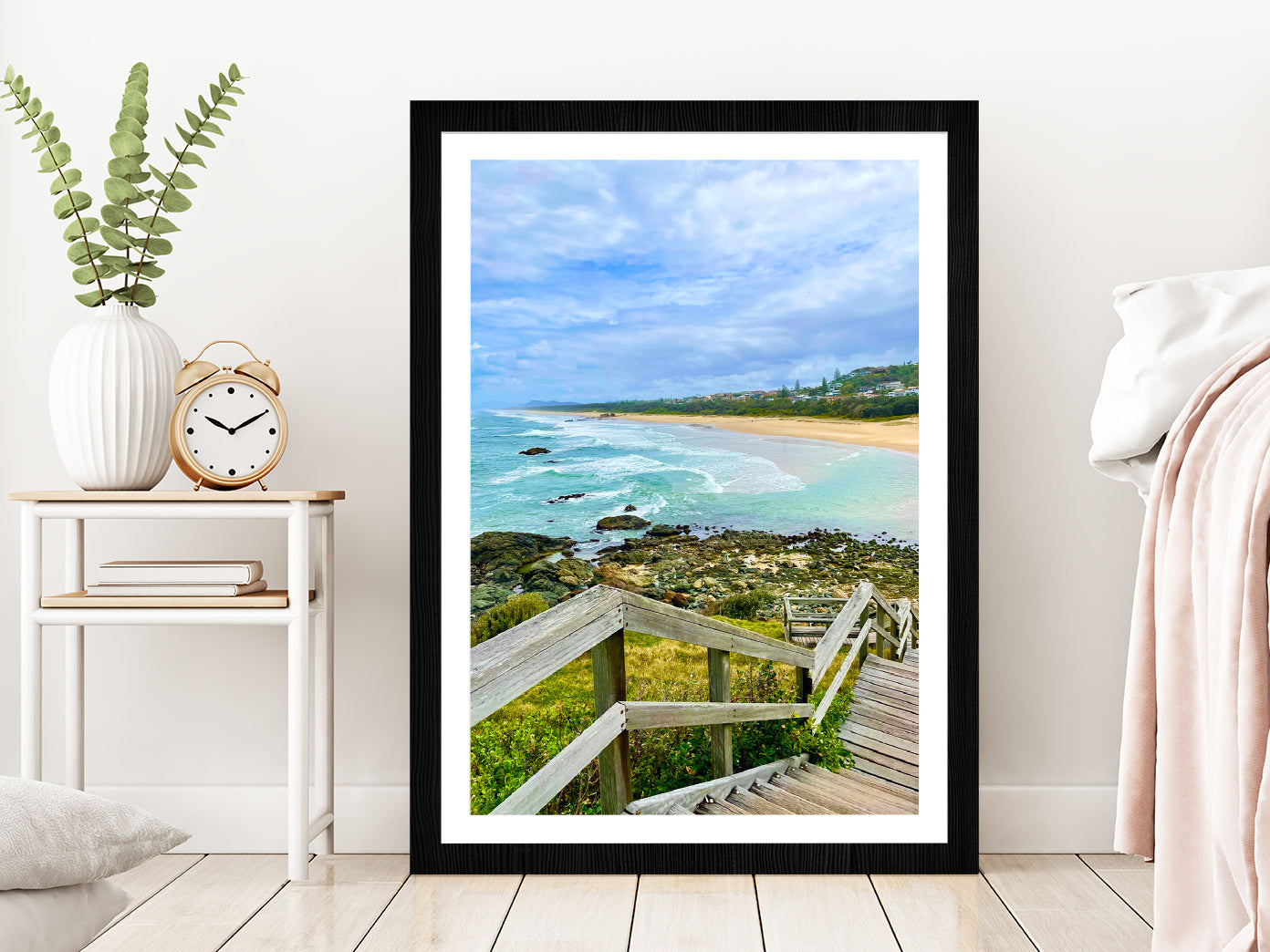 Wooden Pier to Beach & Rocks Photograph Glass Framed Wall Art, Ready to Hang Quality Print With White Border Black