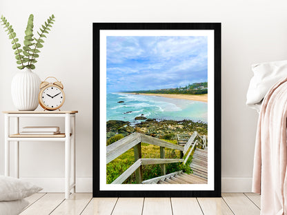 Wooden Pier to Beach & Rocks Photograph Glass Framed Wall Art, Ready to Hang Quality Print With White Border Black