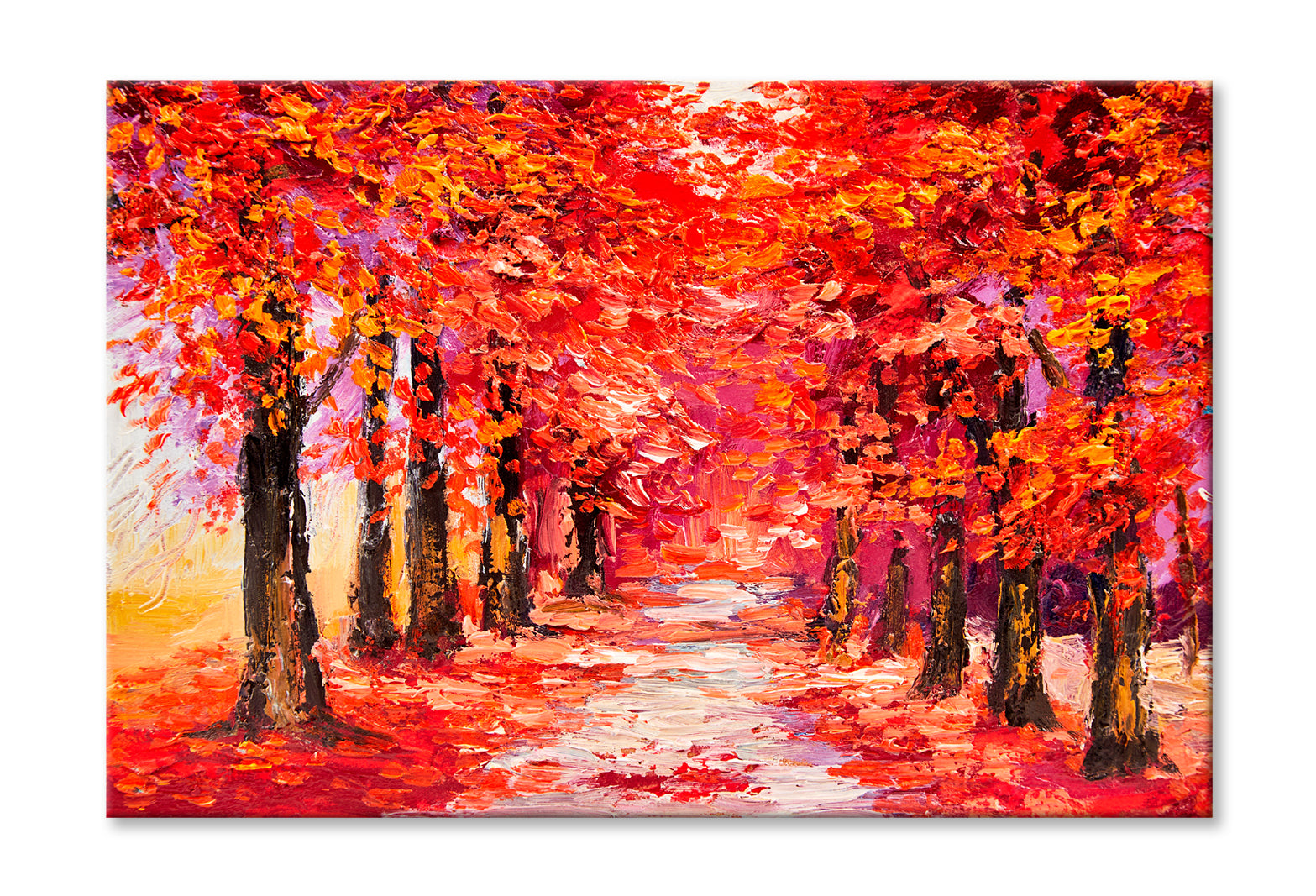 Autumn Trees With Forest Road Oil Painting Wall Art Limited Edition High Quality Print Stretched Canvas None