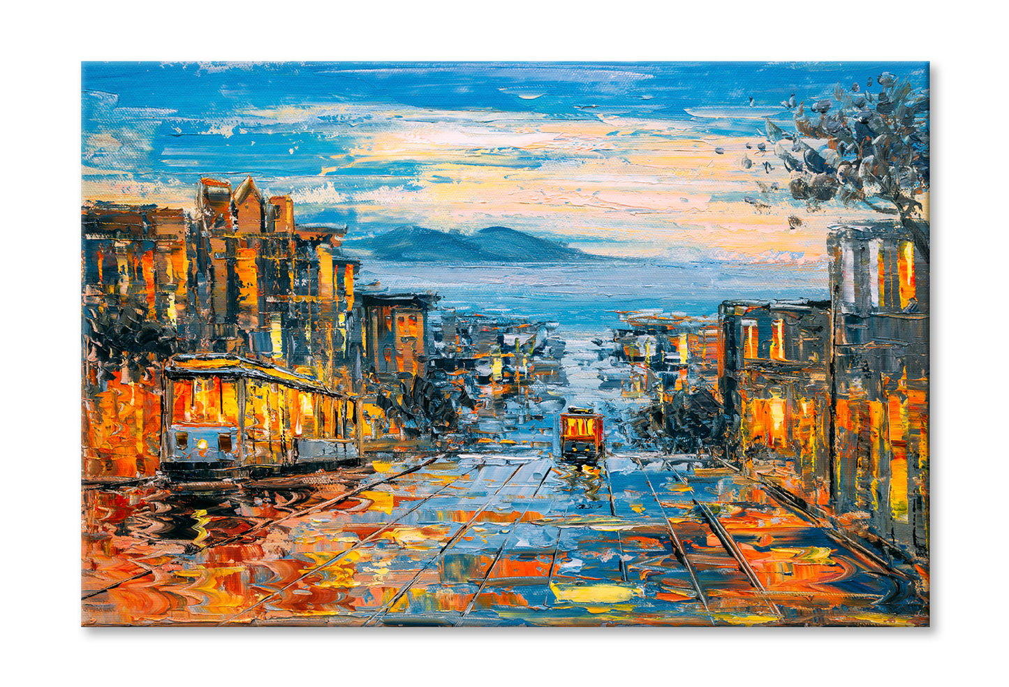 Cable Car San Francisco City & Cloudy Sky Oil Painting Wall Art Limited Edition High Quality Print Stretched Canvas None