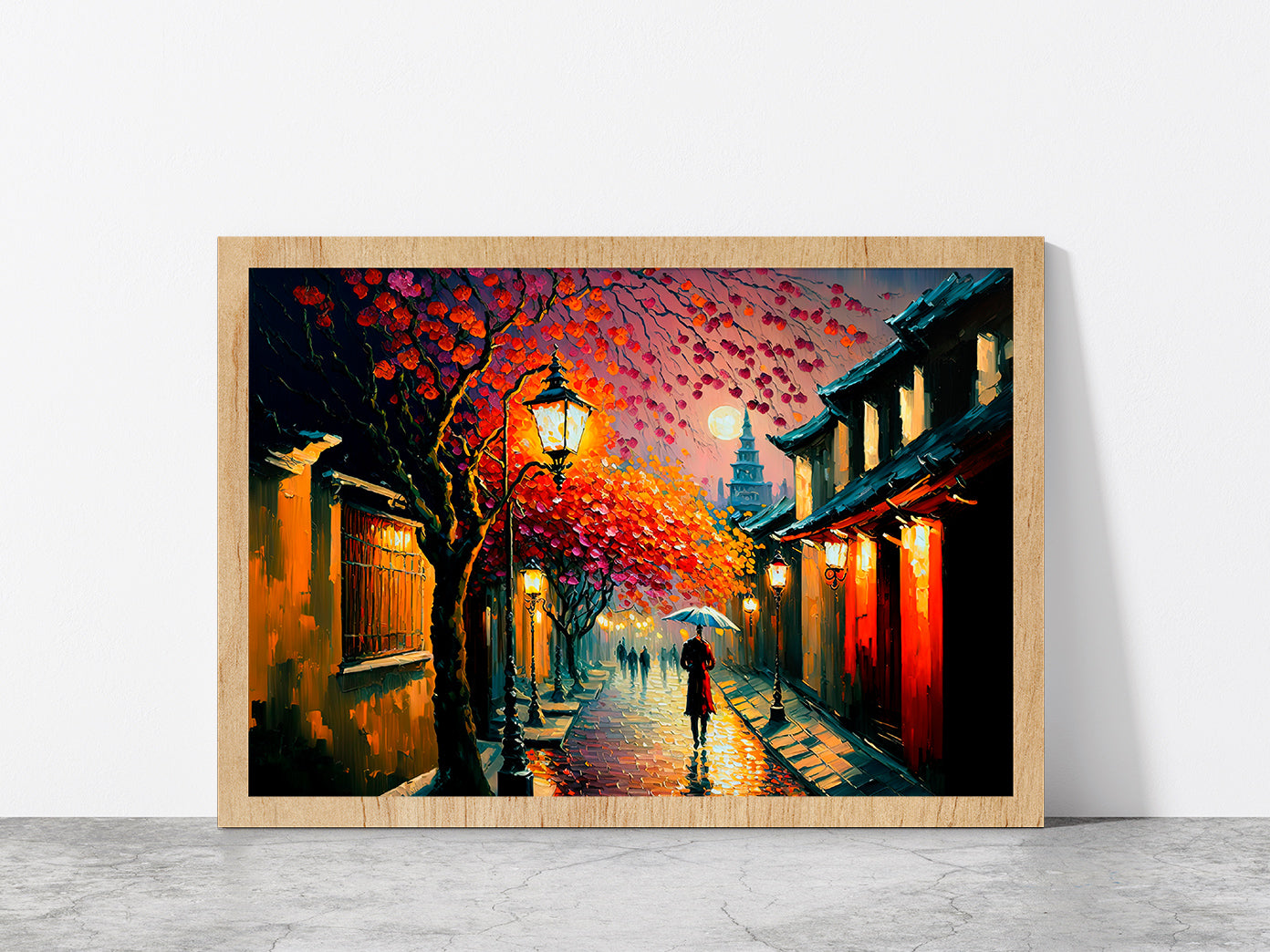 Ancient City Street In Japan During Spring Season Glass Framed Wall Art, Ready to Hang Quality Print Without White Border Oak