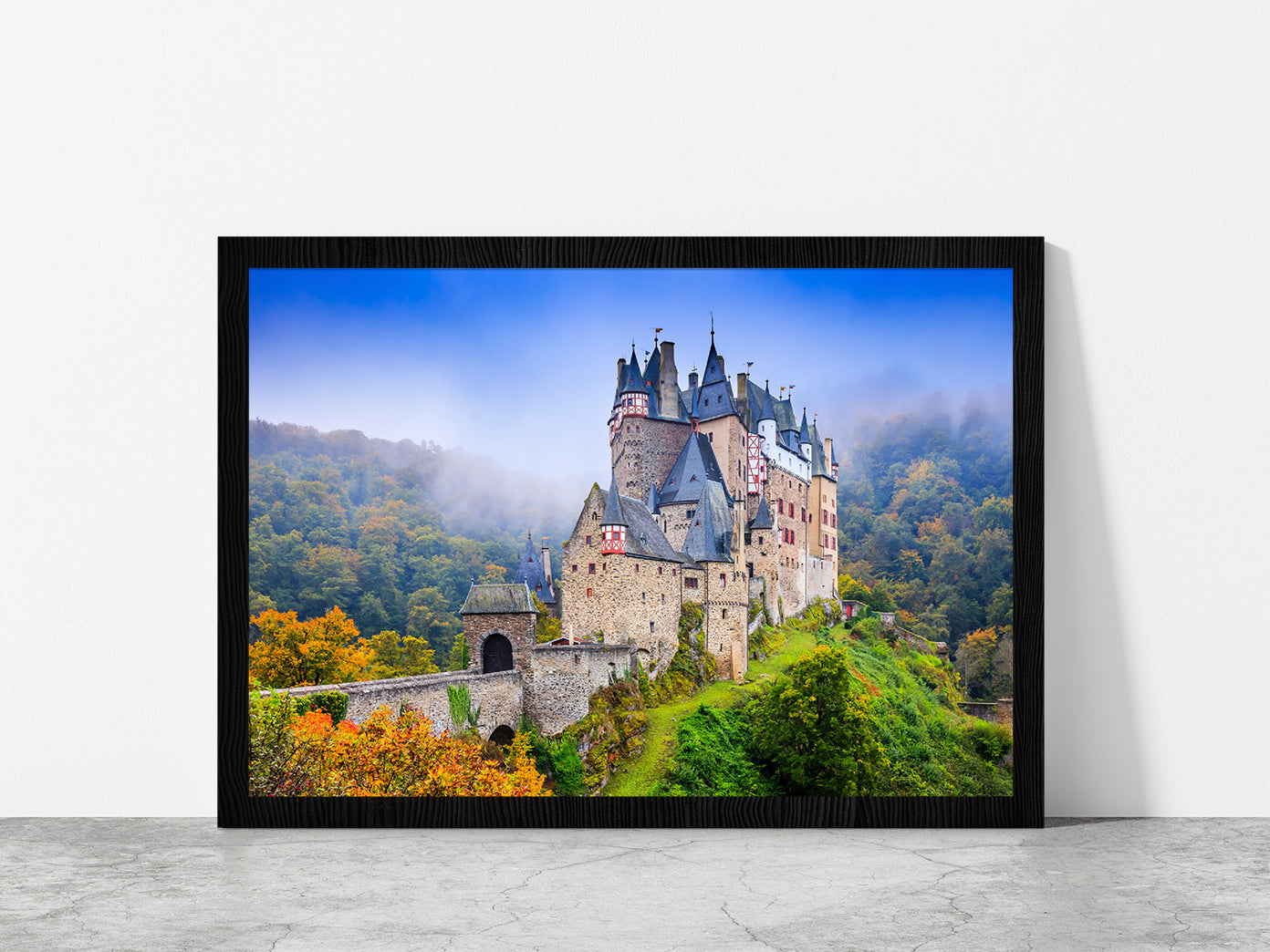 Medieval Castle On The Hills Glass Framed Wall Art, Ready to Hang Quality Print Without White Border Black