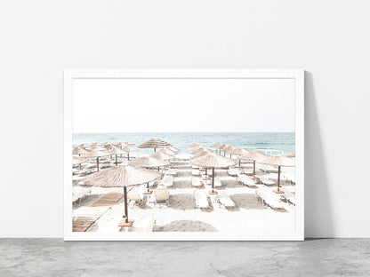 Beach Huts & Chairs near Beach Faded Photograph Glass Framed Wall Art, Ready to Hang Quality Print Without White Border White