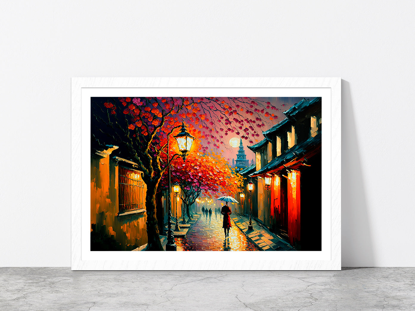 Ancient City Street In Japan During Spring Season Glass Framed Wall Art, Ready to Hang Quality Print With White Border White