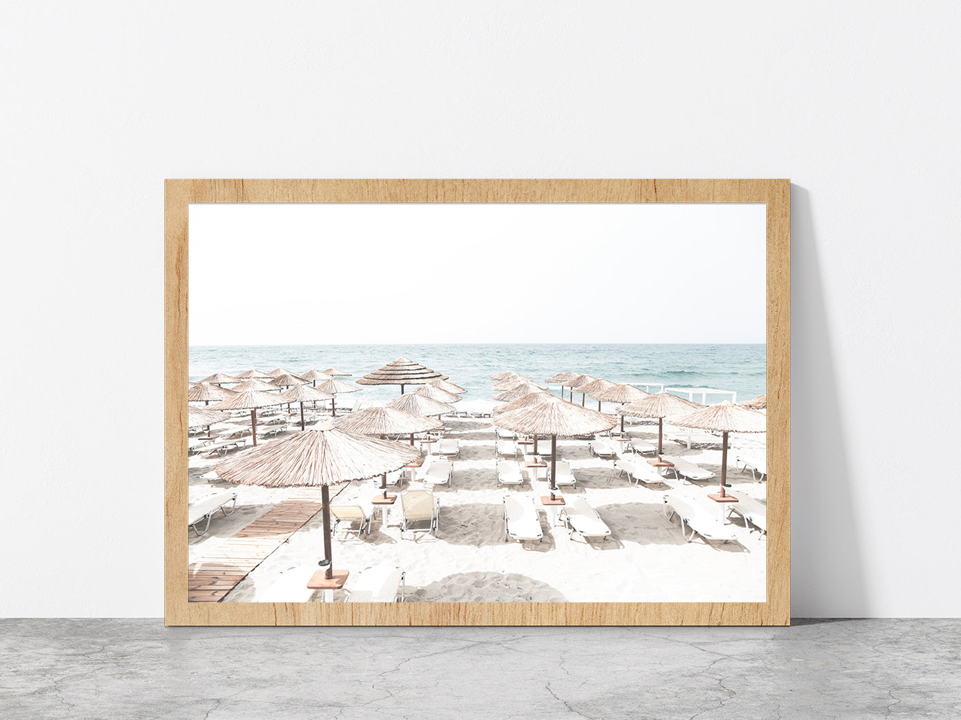 Beach Huts & Chairs near Beach Faded Photograph Glass Framed Wall Art, Ready to Hang Quality Print Without White Border Oak