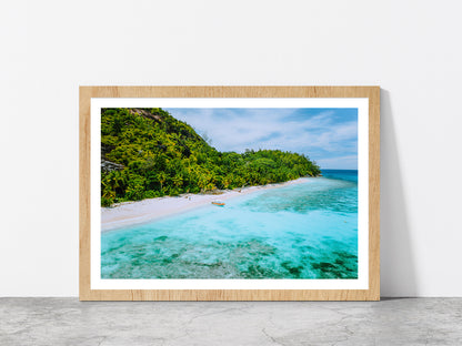 Sandy Beach With Palm Trees Boat Glass Framed Wall Art, Ready to Hang Quality Print With White Border Oak