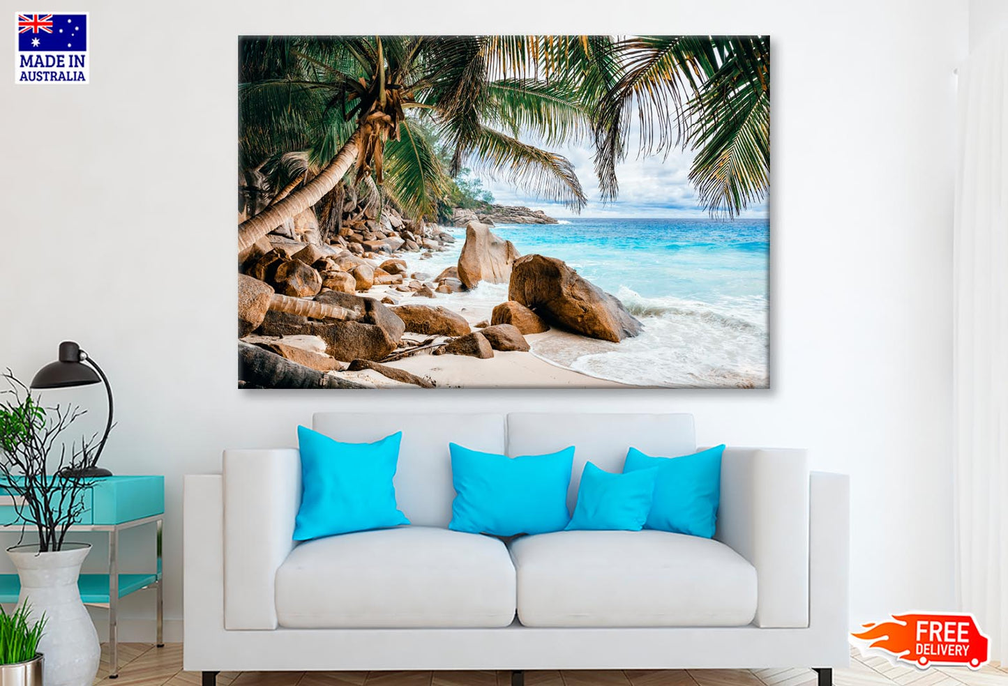 Rocks And Palm Trees Along the Shore Wall Art Decor 100% Australian Made