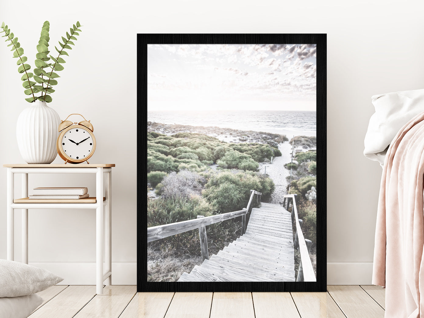 Wooden Path & Sea Dunes Beach Photograph Glass Framed Wall Art, Ready to Hang Quality Print Without White Border Black