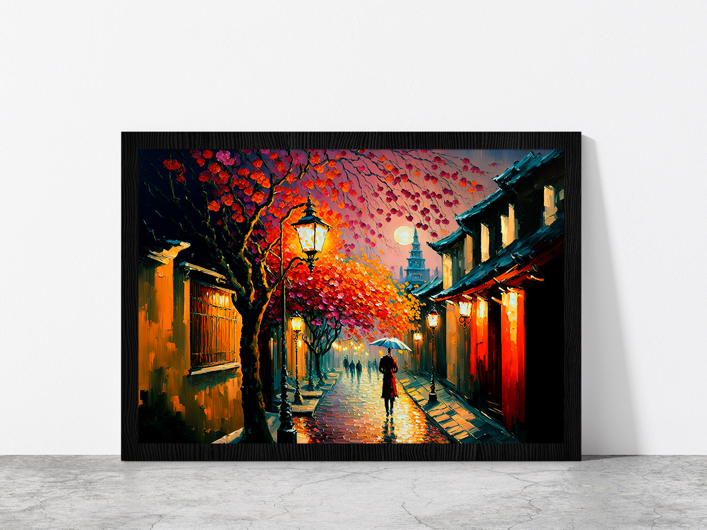 Ancient City Street In Japan During Spring Season Glass Framed Wall Art, Ready to Hang Quality Print Without White Border Black