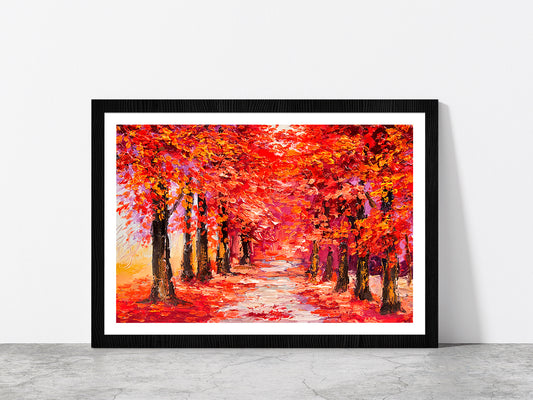 Autumn Trees With Forest Road Glass Framed Wall Art, Ready to Hang Quality Print With White Border Black