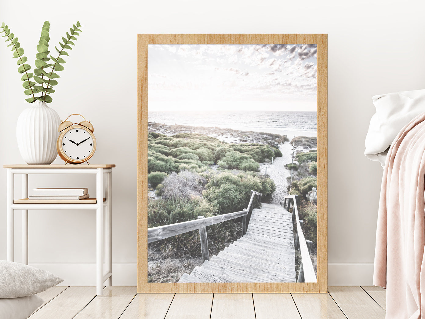 Wooden Path & Sea Dunes Beach Photograph Glass Framed Wall Art, Ready to Hang Quality Print Without White Border Oak