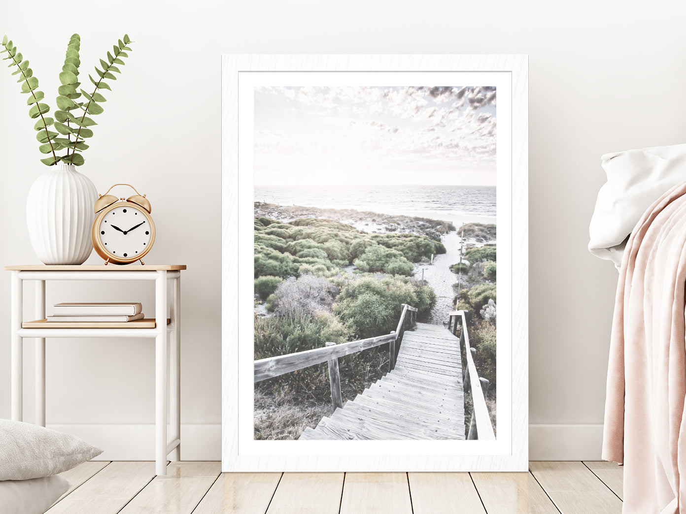 Wooden Path & Sea Dunes Beach Photograph Glass Framed Wall Art, Ready to Hang Quality Print With White Border White