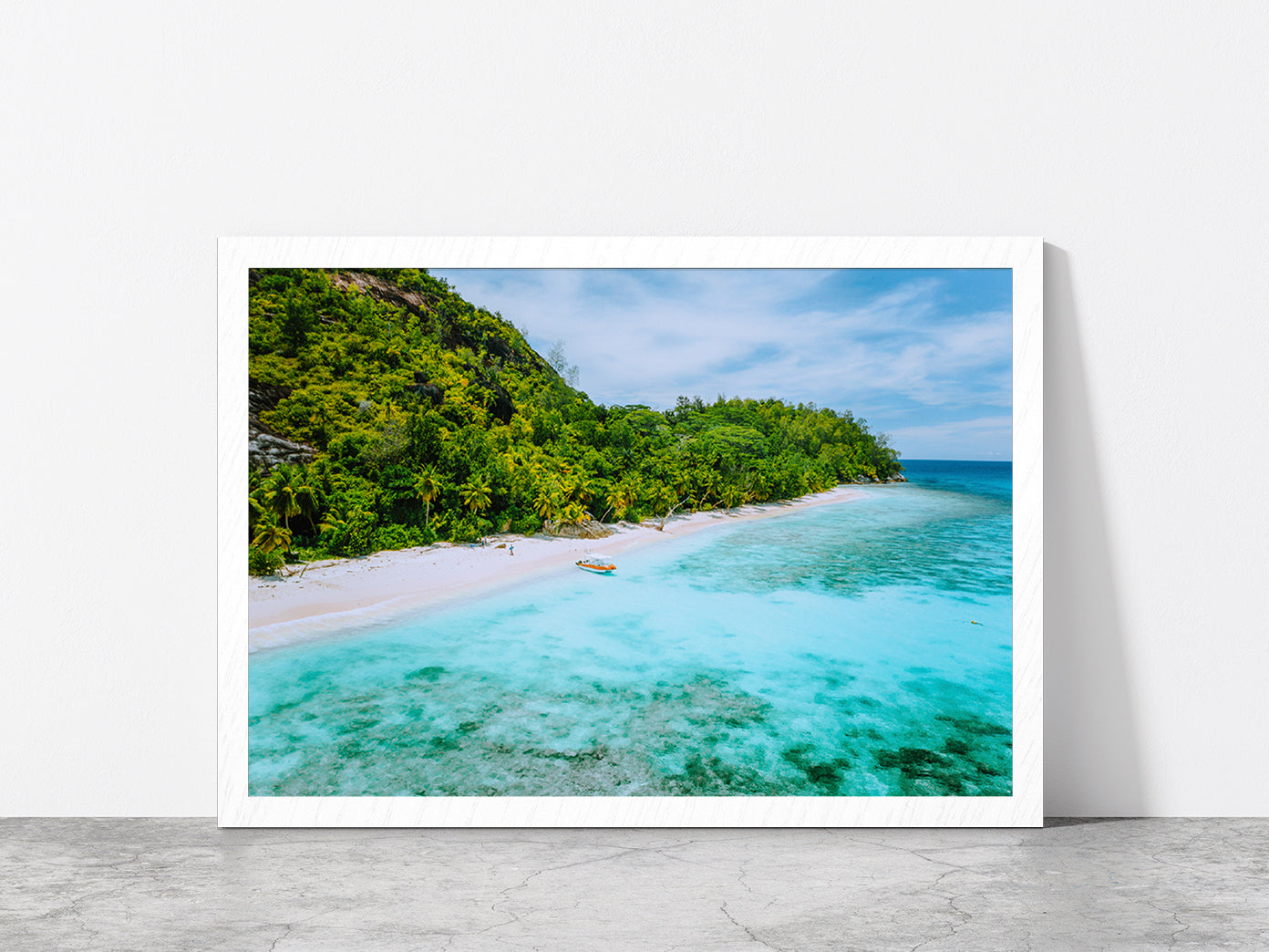 Sandy Beach With Palm Trees Boat Glass Framed Wall Art, Ready to Hang Quality Print Without White Border White