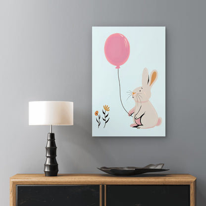 Cute White Bunny Holding Pink Balloon 60x90cm Metal Print Ready to Hang