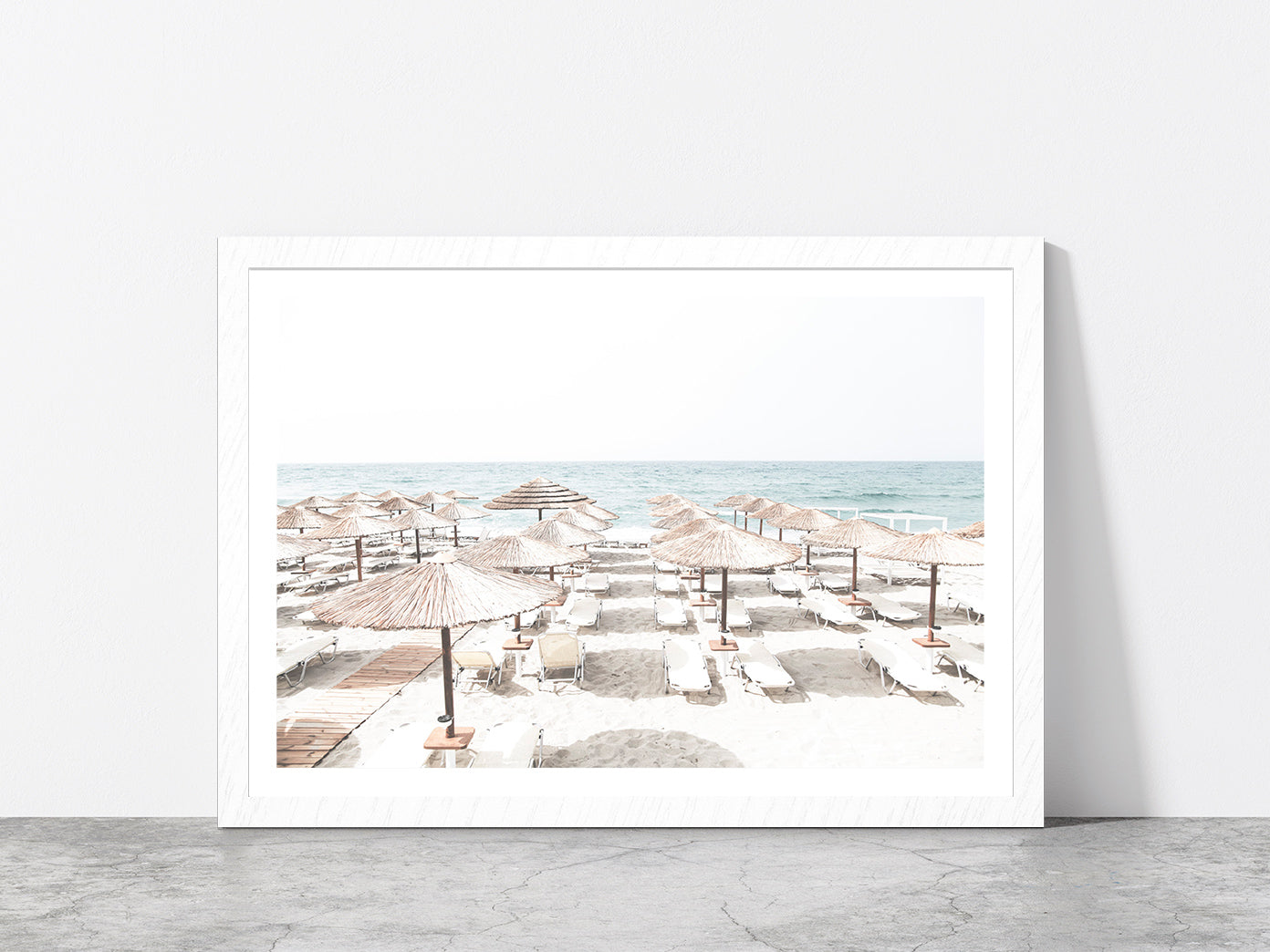 Beach Huts & Chairs near Beach Faded Photograph Glass Framed Wall Art, Ready to Hang Quality Print With White Border White