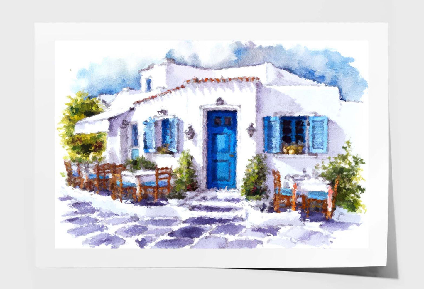 Architectural Painting with Building, White Wall, Blue Door, Window, Table Setting, Chairs, Decorative Plants, Bougainvillea Flowers and Stone Floor Wall Art Limited Edition High Quality Print