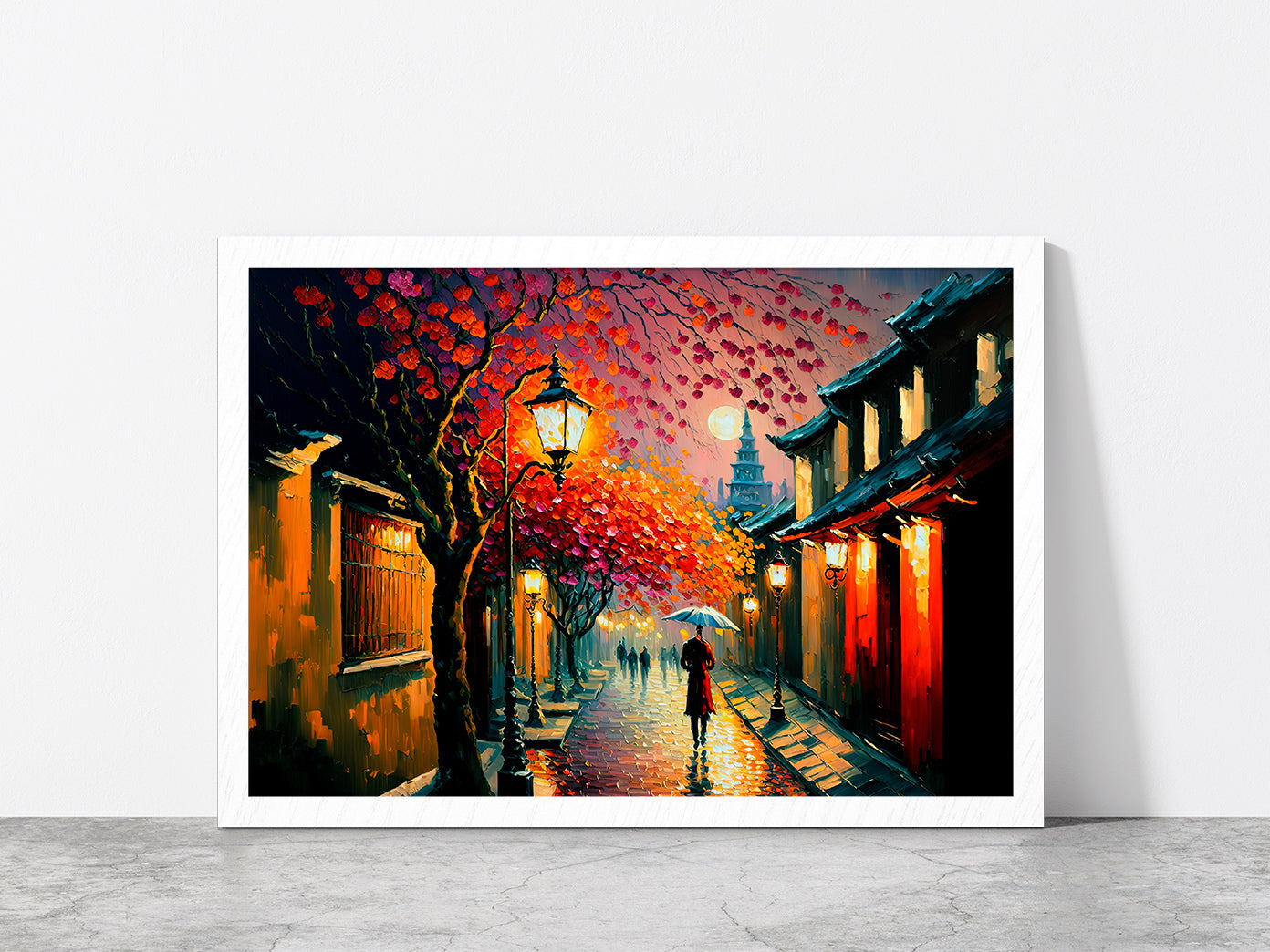 Ancient City Street In Japan During Spring Season Glass Framed Wall Art, Ready to Hang Quality Print Without White Border White