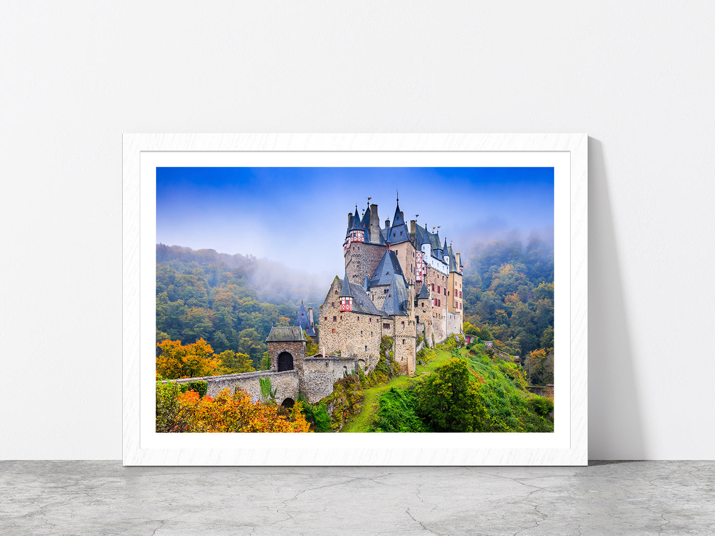 Medieval Castle On The Hills Glass Framed Wall Art, Ready to Hang Quality Print With White Border White