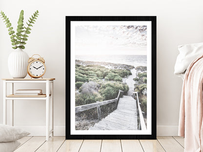 Wooden Path & Sea Dunes Beach Photograph Glass Framed Wall Art, Ready to Hang Quality Print With White Border Black