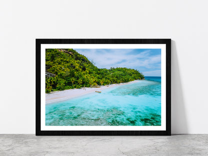 Sandy Beach With Palm Trees Boat Glass Framed Wall Art, Ready to Hang Quality Print With White Border Black