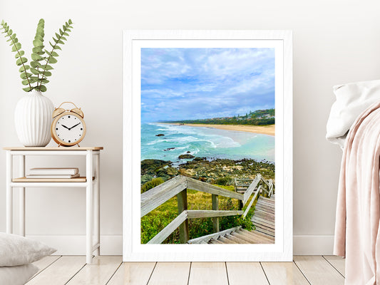 Wooden Pier to Beach & Rocks Photograph Glass Framed Wall Art, Ready to Hang Quality Print With White Border White