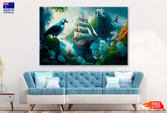 Sailing Boat in Sea and A Bird, Colorful Flowers, Mountain Wall Art Limited Edition High Quality Print