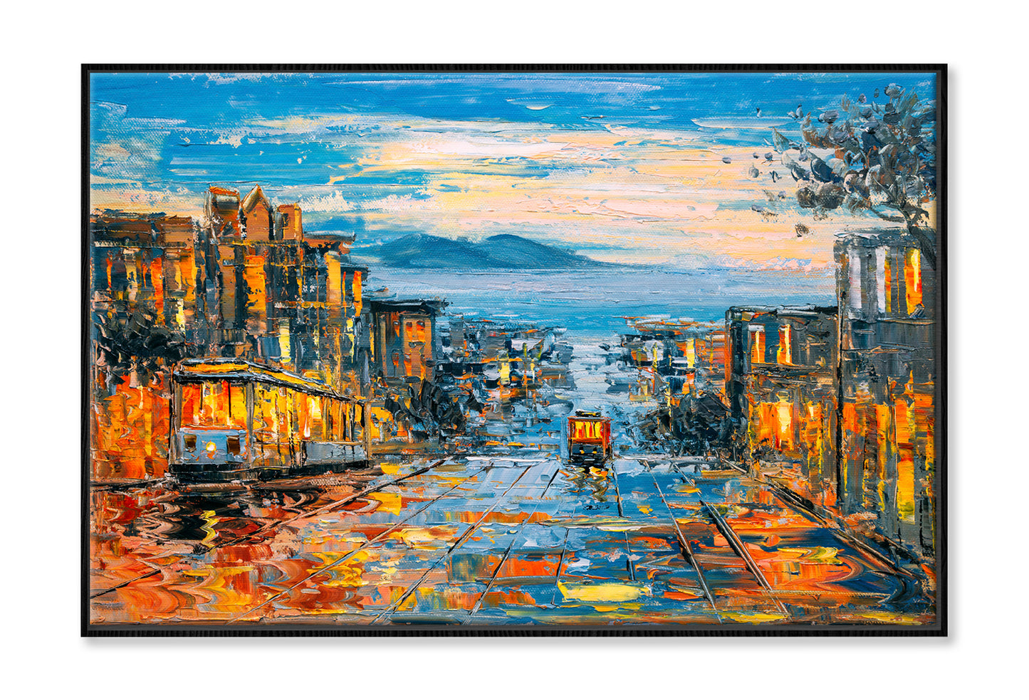 Cable Car San Francisco City & Cloudy Sky Oil Painting Wall Art Limited Edition High Quality Print Canvas Box Framed Black