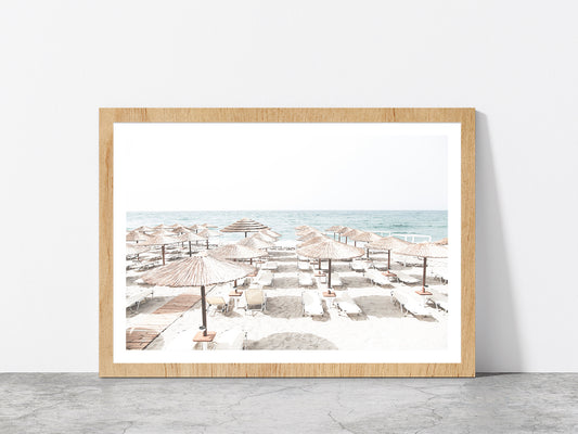 Beach Huts & Chairs near Beach Faded Photograph Glass Framed Wall Art, Ready to Hang Quality Print With White Border Oak