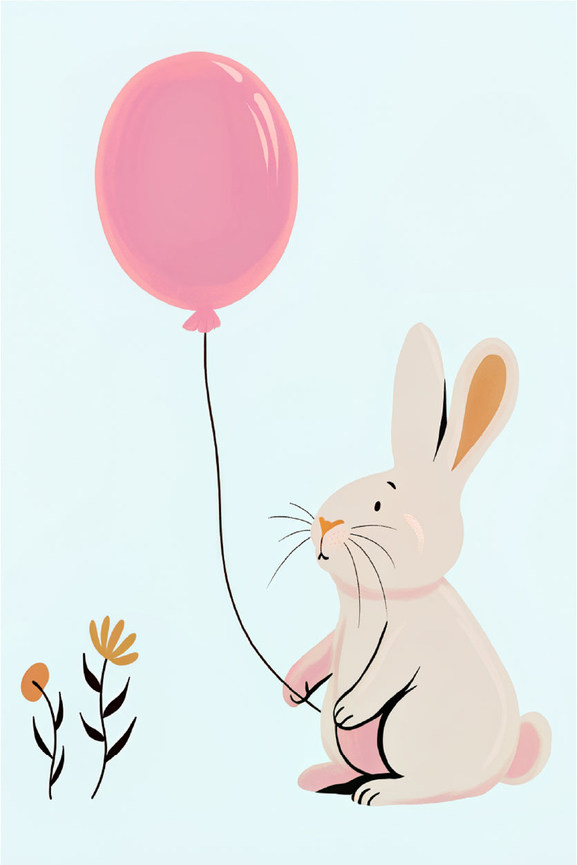 Cute White Bunny Holding Pink Balloon 60x90cm Metal Print Ready to Hang