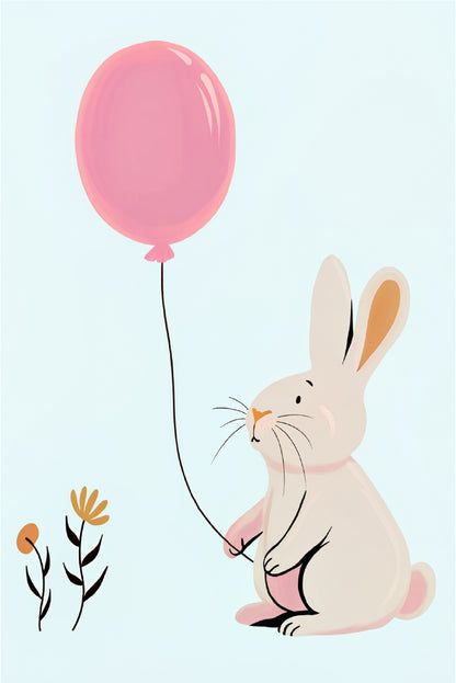Cute White Bunny Holding Pink Balloon 60x90cm Metal Print Ready to Hang