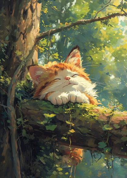 Ginger Tabby Cat Sleeping Tree 60x90cm Metal Print Ready to Hang - Bella Home Decor