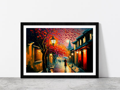 Ancient City Street In Japan During Spring Season Glass Framed Wall Art, Ready to Hang Quality Print With White Border Black