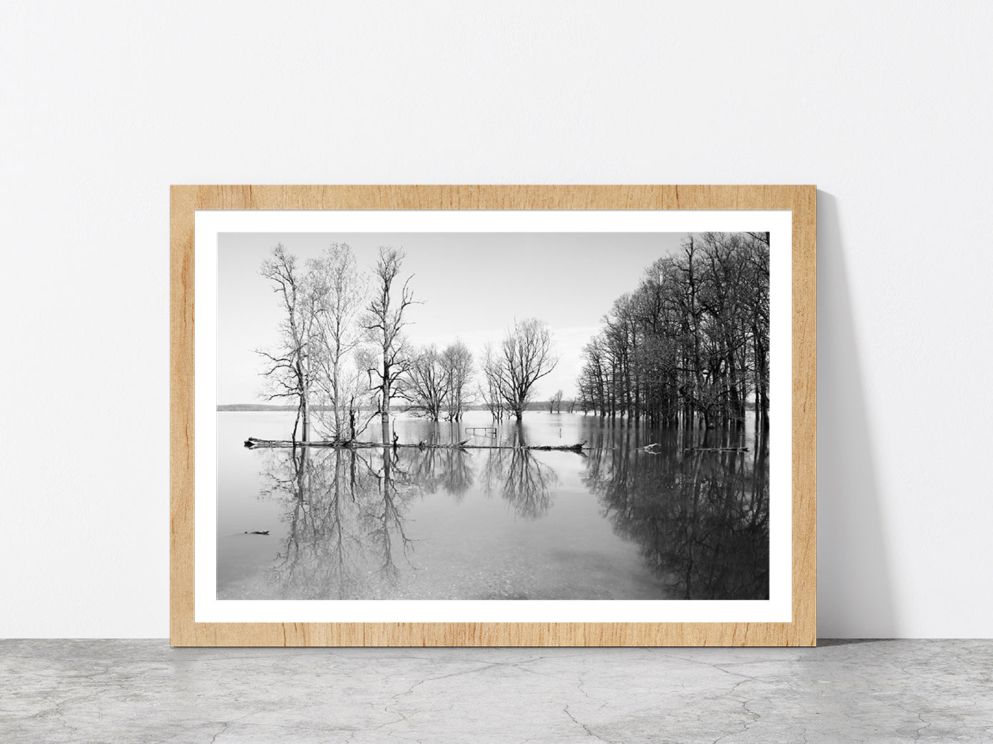 B&W Landscape Flood In Forest Glass Framed Wall Art, Ready to Hang Quality Print With White Border Oak