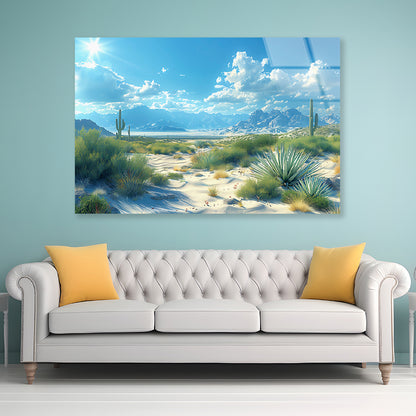 Plants under a Cloudy Sky with Mountains Acrylic Glass Print Tempered Glass Wall Art 100% Made in Australia Ready to Hang - Bella Home Decor