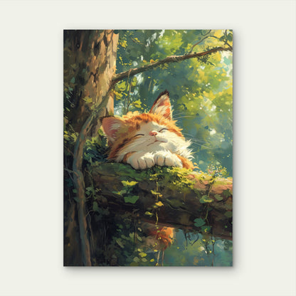Ginger Tabby Cat Sleeping Tree 60x90cm Metal Print Ready to Hang - Bella Home Decor