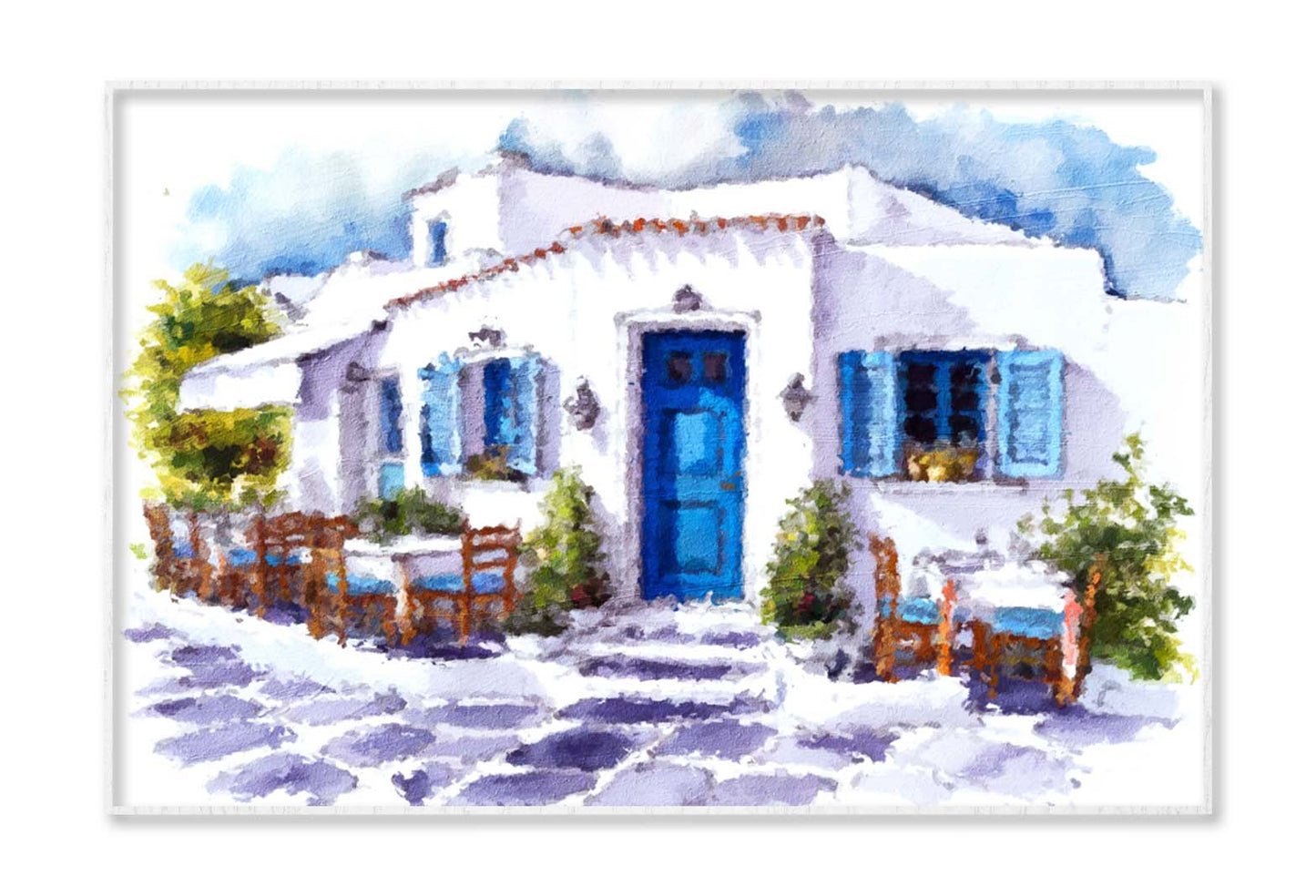 Architectural Painting with Building, White Wall, Blue Door, Window, Table Setting, Chairs, Decorative Plants, Bougainvillea Flowers and Stone Floor Wall Art Limited Edition High Quality Print