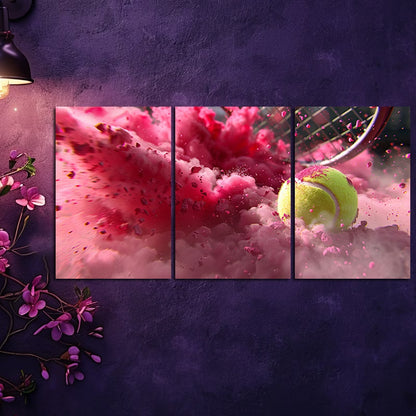 3pcs yellow tennis ball impacting a racket Wall Art Set Canvas Framed 50x70cm - High Quality Print 100% Australian Made Wall Canvas Ready to Hang