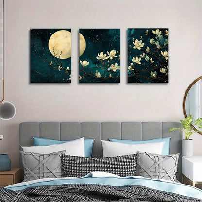 3pcs Elegant Dark Teal & Golden Floral Prints Metal Print Ready to Hang Art
