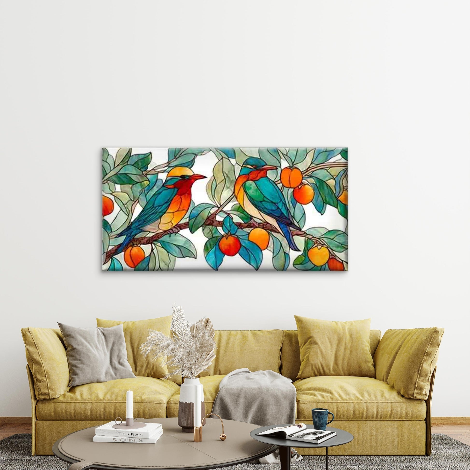 Stained Glass Featuring Bird Wall Art Canvas Office Home Room Framed 120x60cm - Bella Home Decor