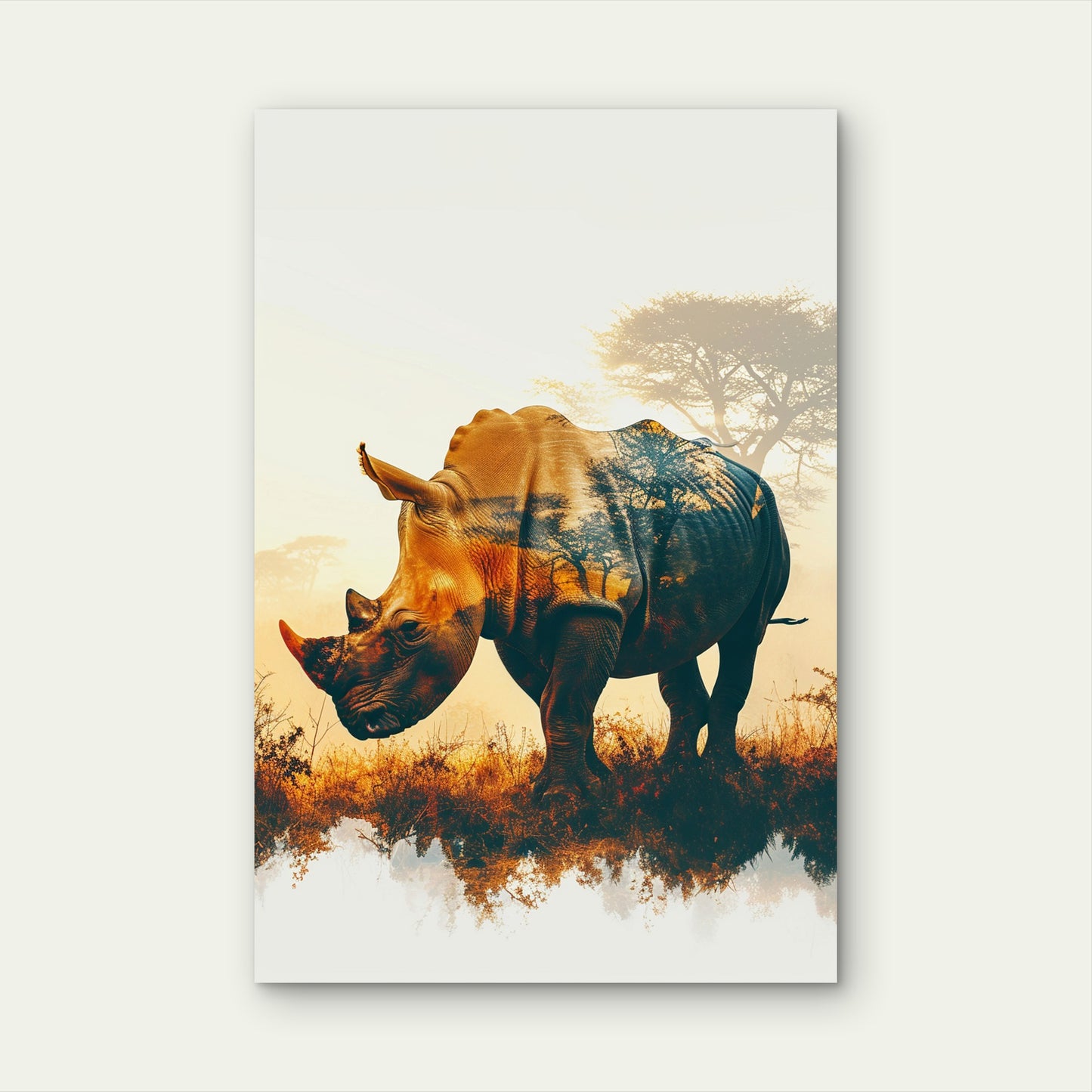 Stunning Silhouette Rhinoceros With Vibrant Sunset Landscape 40x60cm Metal Print Ready to Hang