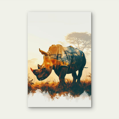 Stunning Silhouette Rhinoceros With Vibrant Sunset Landscape 40x60cm Metal Print Ready to Hang