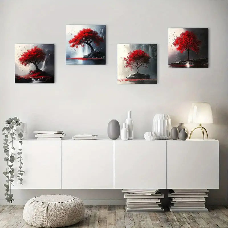 4pcs Abstract Waterfall Red Tree Wall Art Canvas Framed