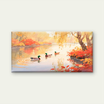 Ducks On A Calm Autumn Pond Wall Art Canvas Office Home Room Framed 120x60cm